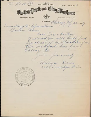 Waleyan Korda (United Brick and Clay Workers Local Union No. 6.) autograph note signed to Sacco-Vanzetti Defense Committee, Chicago, Ill., July 26, 1927