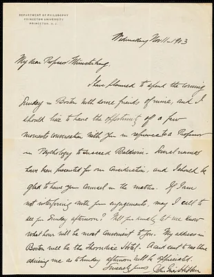 Hibben, John Grier, 1861-1933 autograph letter signed to Hugo Münsterberg, Princeton, N.J., 11 November 1903
