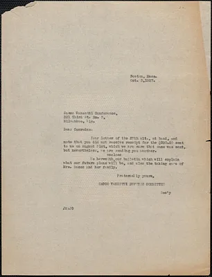 Joseph Moro (Sacco-Vanzetti Defense Committee) typed letter (copy) to Sacco-Vanzetti Conference of Milwaukee), Boston, Mass., October 3, 1927