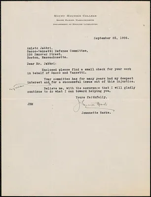 Jeanette Marks typed letter signed to Amleto Fabbri, South Hadley, Mass., September 25, 1926