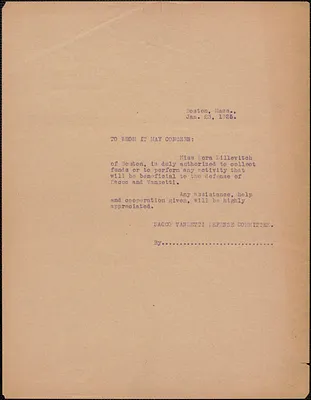 Sacco-Vanzetti Defense Committee typed note (copy) to whom it may concern, Boston, Mass., January 23, 1925