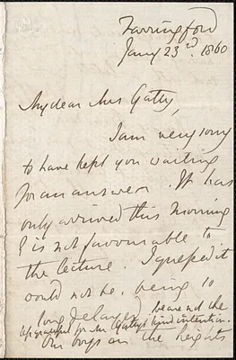 Emily Tennyson autograph letter signed to Mrs. Gatty, Farringford, [Isle of Wight], 23 January 1860