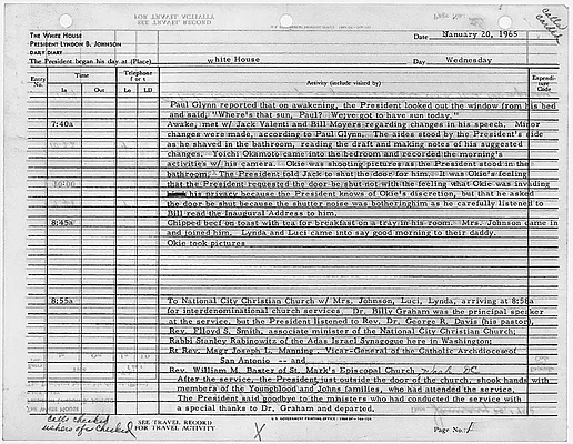 President's Daily Diary Entry, January 20, 1965