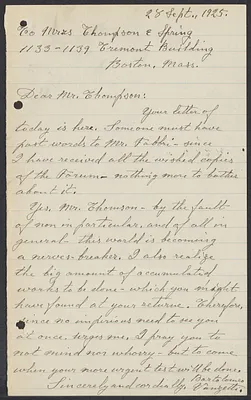 Sacco-Vanzetti Case Records, 1920-1928. Correspondence. Bartolomeo Vanzetti to William G. Thompson, September 28, 1925. Box 40, Folder 96, Harvard Law School Library, Historical & Special Collections