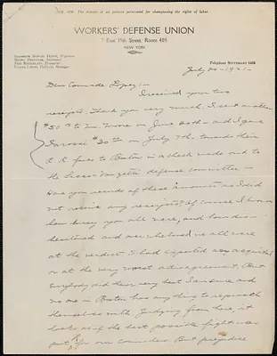 Elizabeth Gurley Flynn (Workers' Defense Union) autograph letter signed to Frank Lopez, New York, N.Y., July 20, 1921