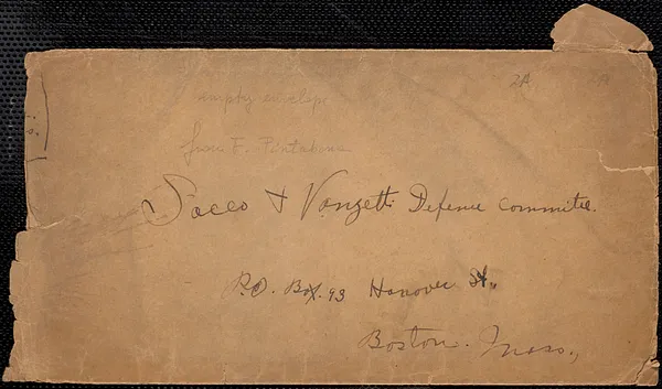 F. Pintabona envelope, West Newton, Mass., addressed to Sacco-Vanzetti Defense Committee, approximately 1923