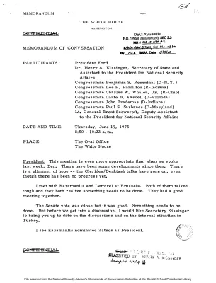 June 19, 1975 - Ford, Kissinger, Representatives Rosenthal, Hamilton, Whalen, Fascell, Brademas, and Sarbanes