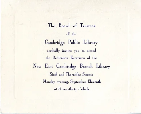 Invitation to the New East Cambridge Branch Library dedication