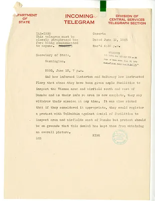 Telegram from Alexander Kirk to Secrertary of State Edward Stettinius