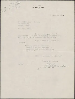 John S. Codman typed letter signed to Elizabeth G[lendower] Evans, Boston, Mass., October 1, 1924