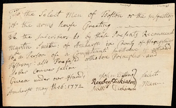 Elizabeth Wharffe indentured to apprentice with Martin Smith of Amherst, 27 May 1772