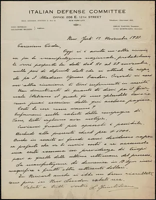 Luigi Quintiliano (Italian Defense Committee) autograph letter signed, in Italian, to Emilio Coda, New York, New York, November 1, 1921
