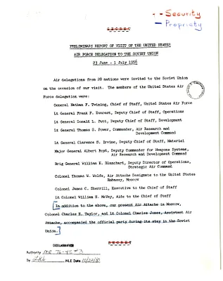 Preliminary Report of Visit of the United States Air Force to the Soviet Union