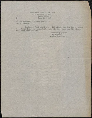 A. Forman (Workmen's Circle Br. 626) typed note to Sacco-Vanzetti Defense Committee, Omah, Neb., June 30, 1927