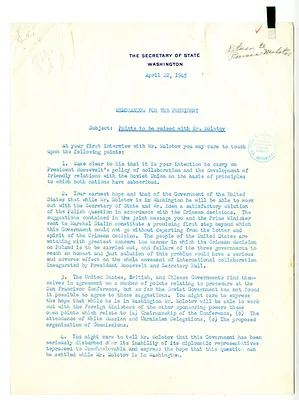 Memorandum from Secretary of State Edward Stettinius to President Harry S. Truman