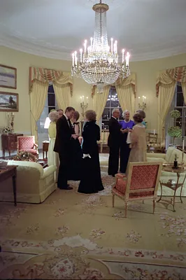 President Ronald Reagan Margaret Thatcher Denis Thatcher Nancy Reagan Barbara Bush in the Yellow Oval Room during a state dinner for Prime Minister Thatcher of the United Kingdom