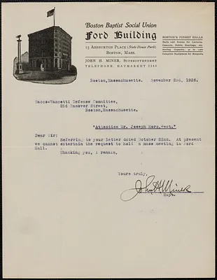 John H. Miner (Boston Baptist Social Union) typed note signed to Sacco-Vanzetti Defense Committee (attention: Joseph Moro), Boston, Mass., November 2, 1926