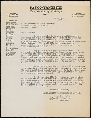 Albert Wechsler (Sacco-Vanzetti Conference of Chicago) typed letter signed to Sacco-Vanzetti Defense Committee, Chicago, Ill., June 16, 1927