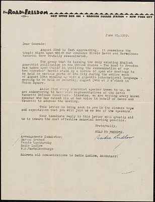 Sadie Ludlow (The Road to Freedom) typed letter signed (circular) to Gardner Jackson, New York, N. Y., June 20, 1929