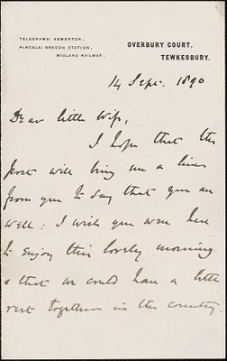 [John Biddulph Martin] autograph note to [Victoria Woodhull Martin, Tewkesbury, England], September 14, 1890