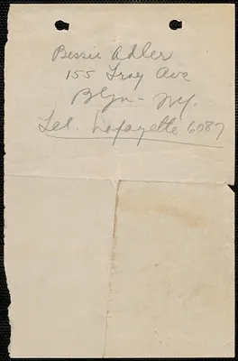 Bessie Adler autograph note, [1924]
