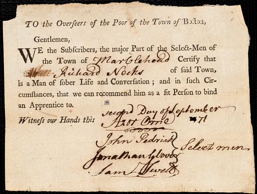 William Collins indentured to apprentice with Richard Neck of Marblehead, 4 September 1771