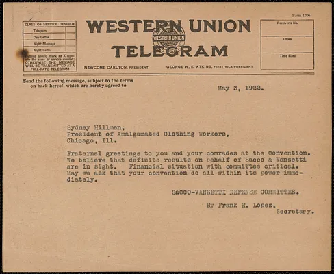 Frank R. Lopez (Sacco-Vanzetti Defense Committee) telegram (copy) to Sydney Hillman (Amalgamated Clothing Workers), Boston, Mass., May 3, 1922