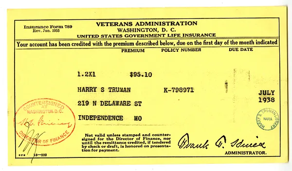 Insurance Premium Notice for Harry S. Truman, United States Veterans Administration