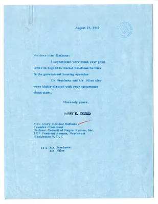 Letter from President Harry S. Truman to Mary McLeod Bethune