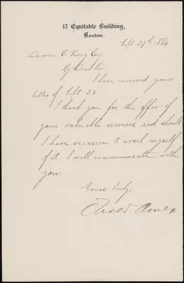 Letter from Oliver Ames, Boston, to Mr. Darwin C. Pavey, 1886 September 27