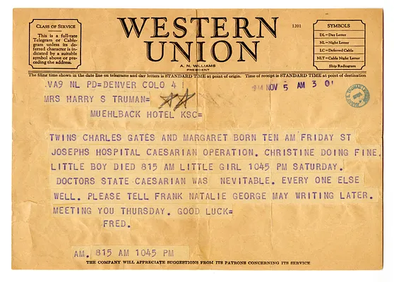 Telegram from Fred Wallace to Bess W. Truman