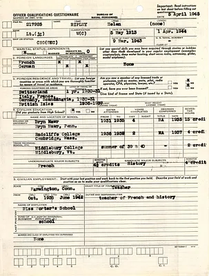 Officer qualification questionnaire, Helen Ripley, Abbot Academy, class of 1930