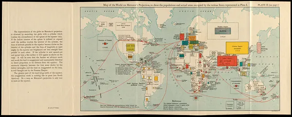 Map of the world on Mercator's projection, to show the populations and actual areas occupied by the various states represented in plate I