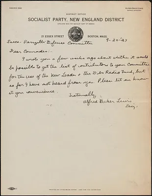 Alfred Baker Lewis (Socialist Party, New England District) autograph note signed to Sacco-Vanzetti Defense Committee, Boston, Mass., September 20, 1927