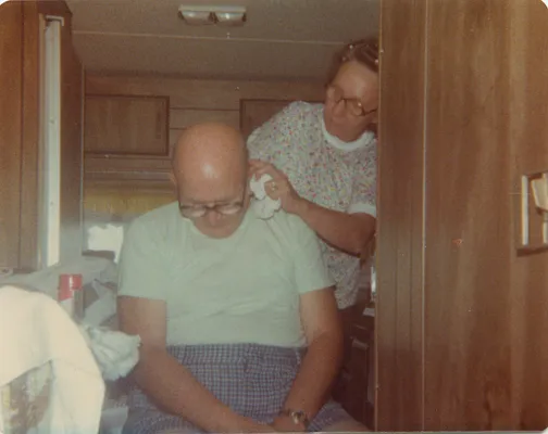 Visiting the ‘Barber Shop’ in the camper, 1979
