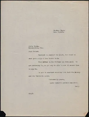 Mary Donovan (Sacco-Vanzetti Defense Committee) typed letter (copy) to Julia Coons, Boston, Mass., November 2, 1927