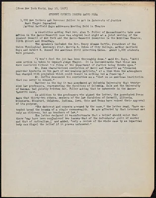 Student Sacco-Vanzetti Committee typed document, [New York, N. Y., May 10, 1927]: Student Council Issues Sacco Plea