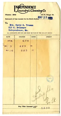 Bill from Independence Laundry & Cleaning Company