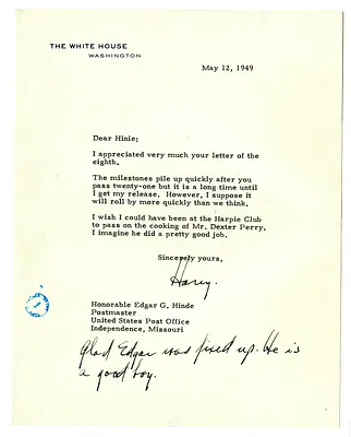 Letter from Harry S. Truman to Edgar Hinde