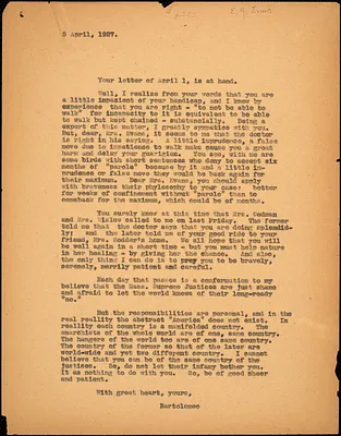 Bartolomeo Vanzetti typed letter (copy) to Elizabeth Glendower Evans, [Charlestown], 5 April 1927