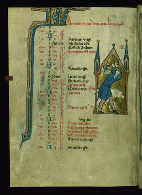 Leaf from Psalter: December Calendar, Man Butchering a Pig