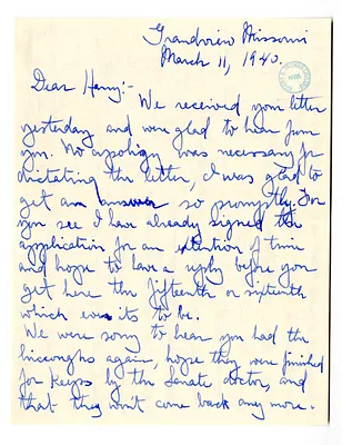 Letter from Mary Jane Truman to Harry S. Truman
