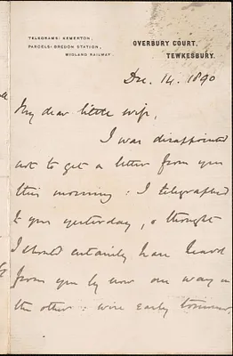 [John Biddulph Martin] autograph note to [Victoria Woodhull Martin, Tewkesbury, England], December 14, 1890
