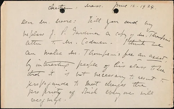 Elizabeth G[lendower] Evans autograph letter signed to [Fred H.] Moore, Chatham, Mass., June 12, 1924