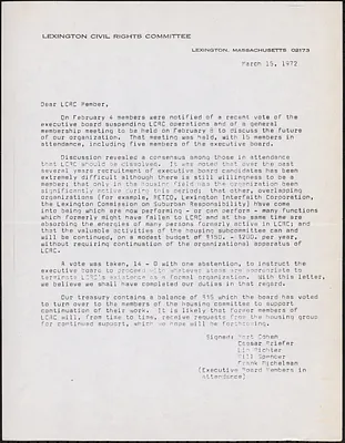Letter to LCRC Member from Executive Board Members about suspending LCRC operations