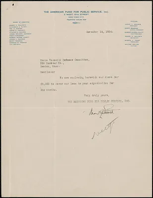 Morris L. Ernst (The American Fund for Public Service, Inc.) typed note to Sacco-Vanzetti Defense Committee, New York, N.Y., November 14, 1924
