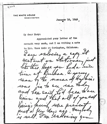 Letter from Harry S. Truman to Mary Jane Truman with Attachments