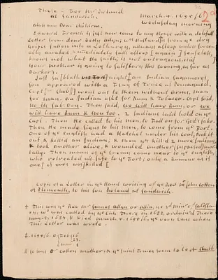 Copy of a letter from John Cotton, Plymouth, to Rowland Cotton, Sandwich, 1695/1696 March 4, in the hand of Thomas Prince, with his notes