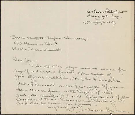 Marion Severn autograph note signed to Sacco-Vanzetti Defense Committee, New York, N. Y., January 2, 1928