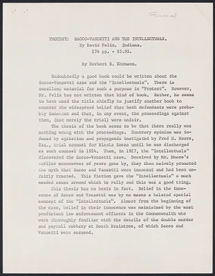 Herbert Brutus Ehrmann Papers, 1906-1970. Sacco-Vanzetti. David Felix: letters, notes, debate, HBE drafts. Box 12, Folder 8, Harvard Law School Library, Historical & Special Collections